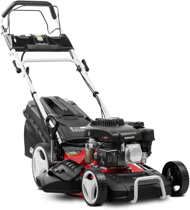 GREENCUT GLM770XE - Cortacésped Gasolina 150cc/4cv, Arranque eléctrico Motor 4T autopropulsado, CM46cm 18", Corte Regulable, Cesta 55L, para Jardines Grandes o medianos 1400m2