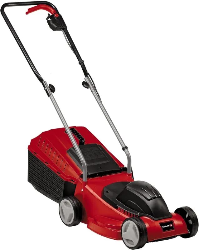 Einhell Cortacésped eléctrico GC-EM 1032 (1000 W, 32 cm de Ancho de Corte, 30 L, Ajuste de la Altura de Corte en 3 Pasos, Carril guía Plegable, Ruedas para Salvar el césped), Color Rojo/Negro