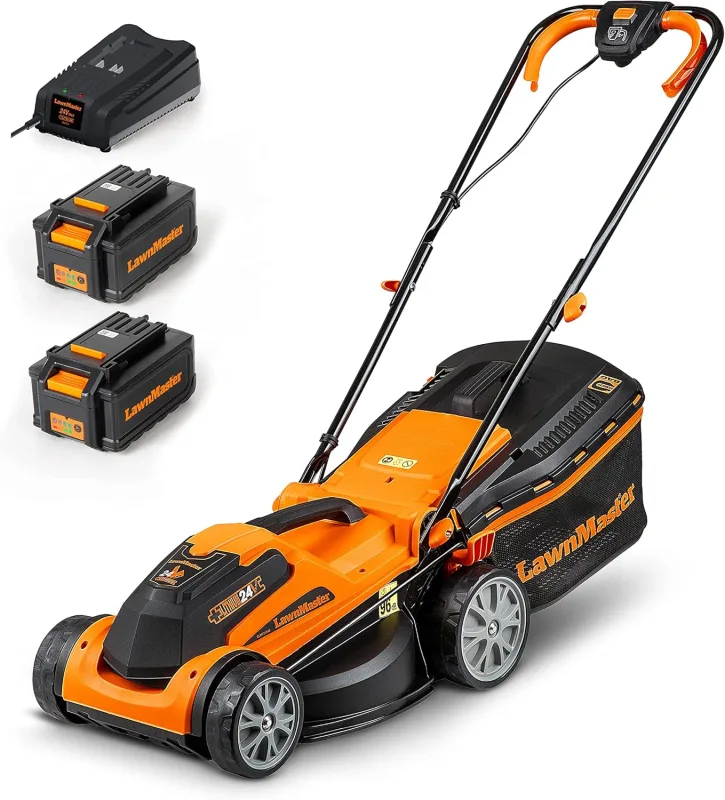 LawnMaster CLMF2434G Cortacésped con Batería 24V MAX 2x4.0Ah, 34cm hasta 300m², Altura de Corte 6 Niveles 20-70 mm, Bolsa de Recogida de 32L