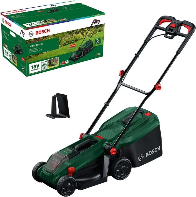 Bosch ROTAK18V-32 battery-powered mower (cutting width: 32 cm, cutting height: 25-65 mm, fabric basket 35 l, crushing plug, without battery)