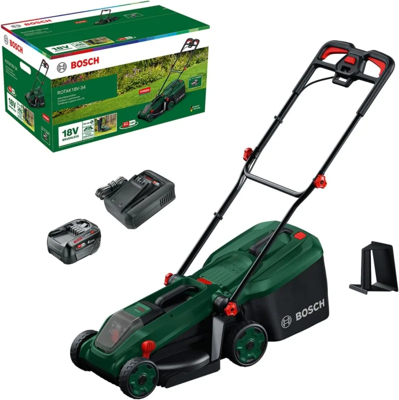 Bosch Battery mower ROTAK18V-34 (Cutting width: 34 cm, Cutting height: 25-65 mm, 35 l fabric basket, shredding plug, includes battery and charger)