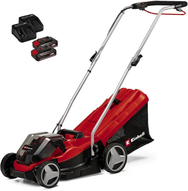 Einhell Cortacésped a batería GE-CM 36/33 Li Kit Power X-Change (36 V, 33 cm Ancho de Corte, hasta 250 m², 30L Bolsa recolectora, 25-65 mm Altura de Corte, con 2X 2,5 Ah baterías + 2X cargadore)