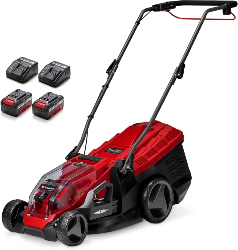 Einhell Cortacésped a batería GE-CM 36/36 Li Kit Power X-Change (36V, 36cm ancho de corte, hasta 400 m², Brushless, 40L bolsa recolectora, 25-75 mm altura de corte, con 2x4,0 Ah batería y 2x cargador)