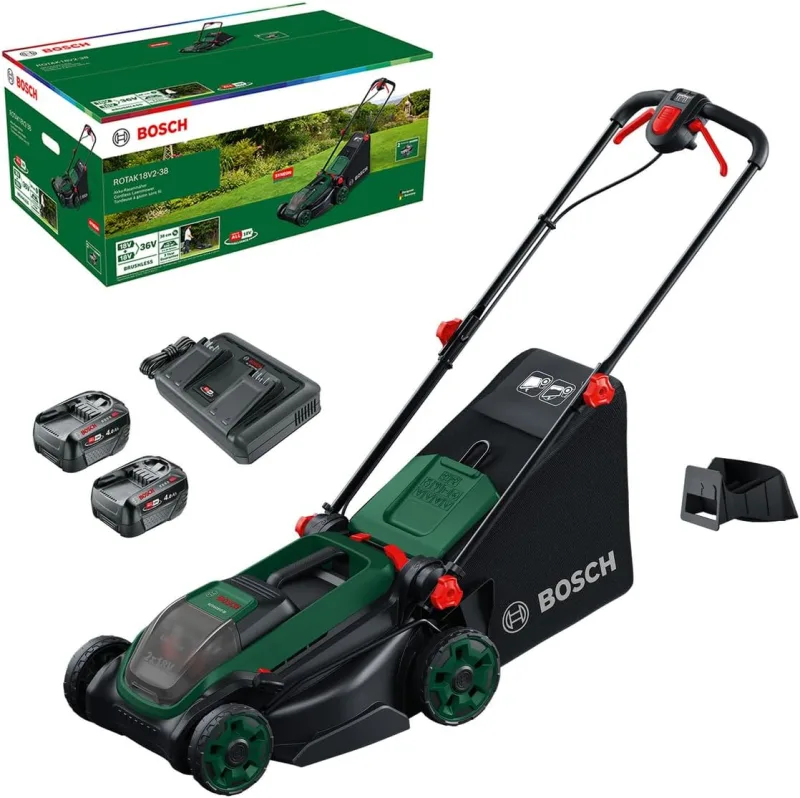 Bosch ROTAK18V2-38 battery-powered mower (cutting width: 38 cm, cutting height: 30-75 mm, 40 l fabric basket, shredding plug, includes 2 x 18V batteries and charger)