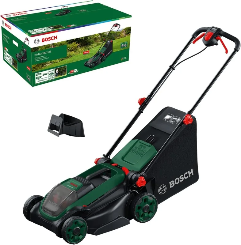 Bosch ROTAK18V2-38 battery-powered mower (cutting width: 38 cm, cutting height: 30-75 mm, 40 l fabric basket, shredding plug, without battery)