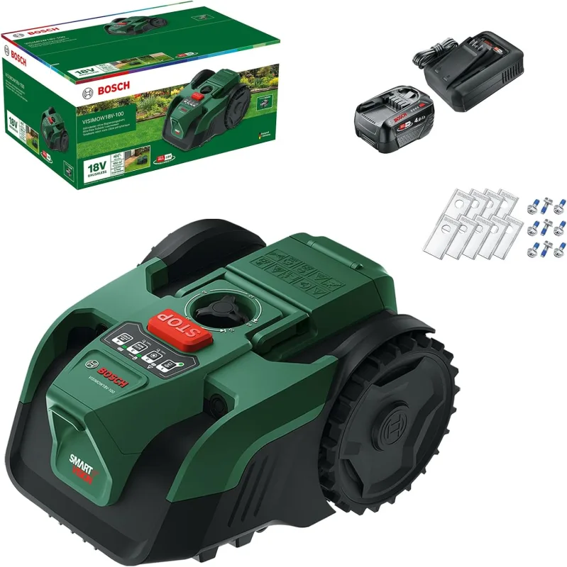 Robot cortacésped a batería VISIMOW18V-100 de Bosch (para superficies de hasta 100 m², anchura de corte: 16 cm, altura de corte 20-60 mm, con cuchillas de repuesto, incl. batería y cargador)