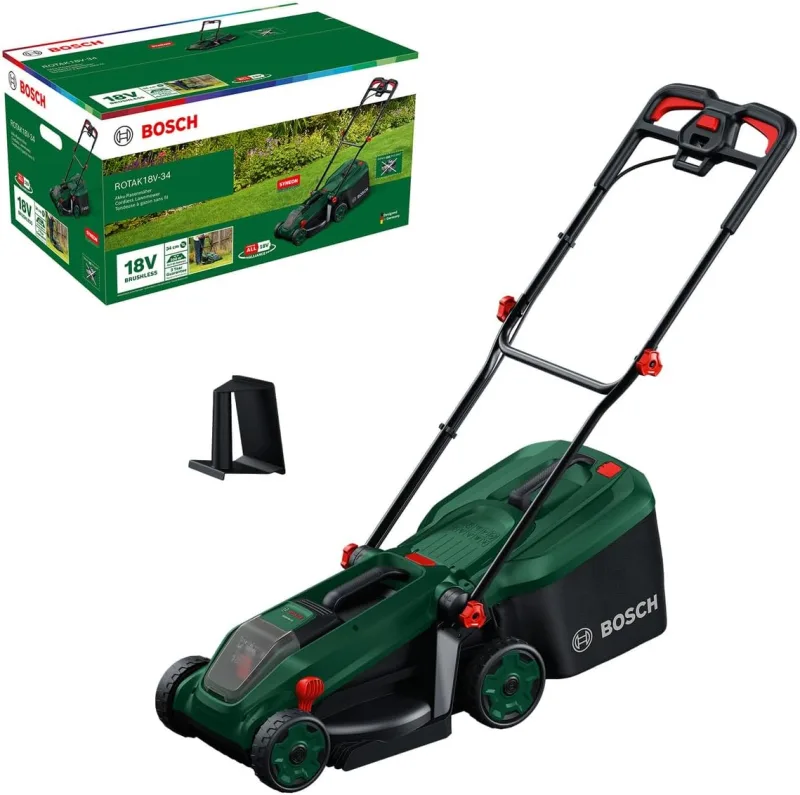 Bosch battery powered mower ROTAK18V-34 (Cutting width: 34 cm, Cutting height: 25-65 mm, 35 l fabric basket, crushing plug, without battery)