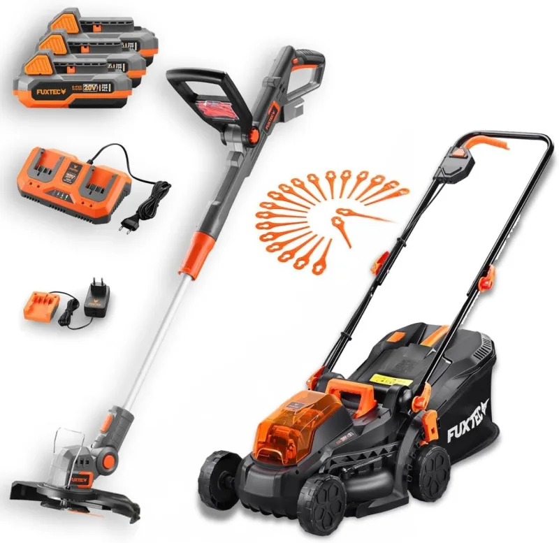 FUXTEC Set 20V Garden – Brushcutter and Lawn Mower 33 cm (2 x 20V) with 3 Batteries 2Ah, Double Charger, Trimmer and Blades. Cutting Height Adjustment. FX-E1RM20-Set 40V (2x20V) & FX-E1RT20 20V