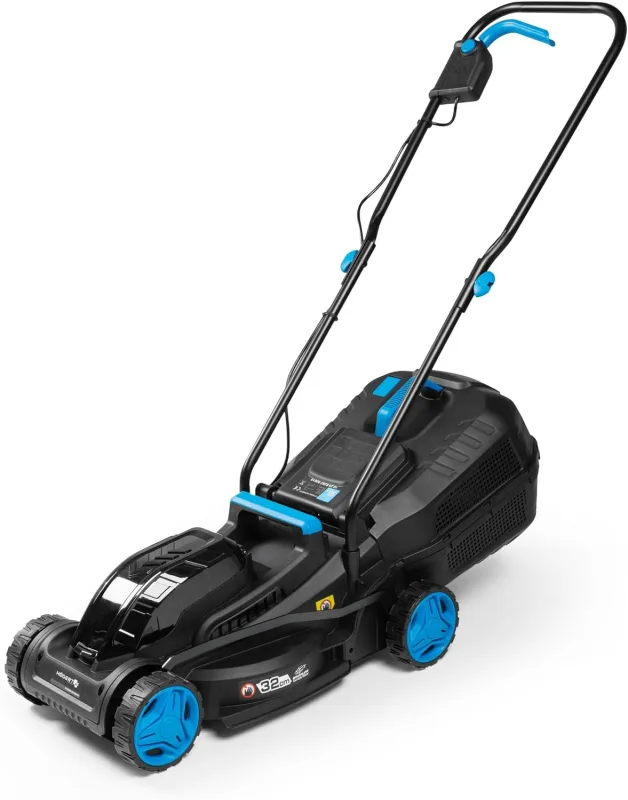 HÖGERT TECHNIK - Cortacésped con batería de 18 V, 32 cm, máquina eléctrica sin escobillas con recogedor de Hierba, Equipo Compacto inalámbrico para Jardines pequeños y medianos.