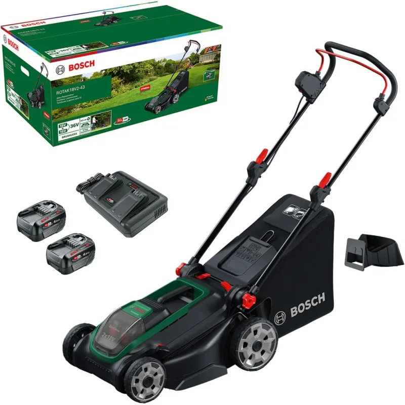 Bosch ROTAK18V2-43 battery powered lawn mower (cutting width: 43 cm, cutting height: 30-75 mm, fabric basket 40 l, crushing plug, includes 2 x 18V batteries and charger)