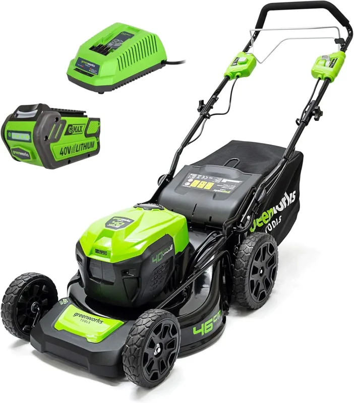 Greenworks GD40LM46SPK4 Semi-Round Lawn Mower with 46 cm Cut Double Slot Includes 40 V 4 Ah Battery and Charger