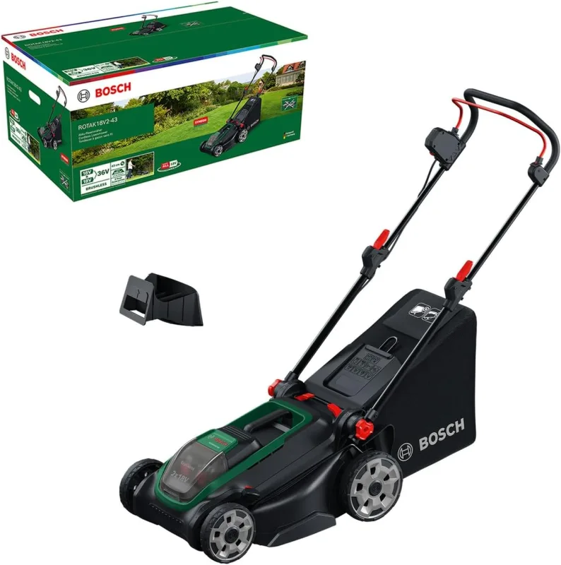 Bosch ROTAK18V2-43 battery-powered mower (cutting width: 43 cm, cutting height: 30-75 mm, fabric basket 40 l, crushing plug, without battery)