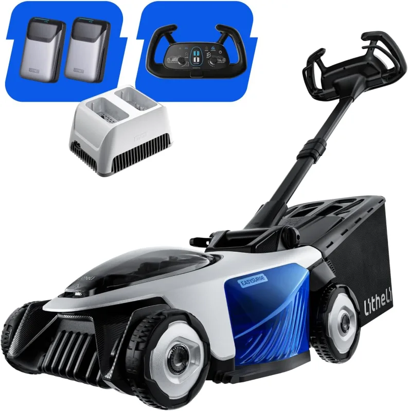 Litheli Easysurge Lawn Mower Battery 43 cm, Self-Propelled (2.3-4.7 km/h), 2X 20V 4.0Ah Batteries, Brushless, up to 500 m2, 50L Collection Bag, 25-75 mm, 6 Levels of Cutting Height