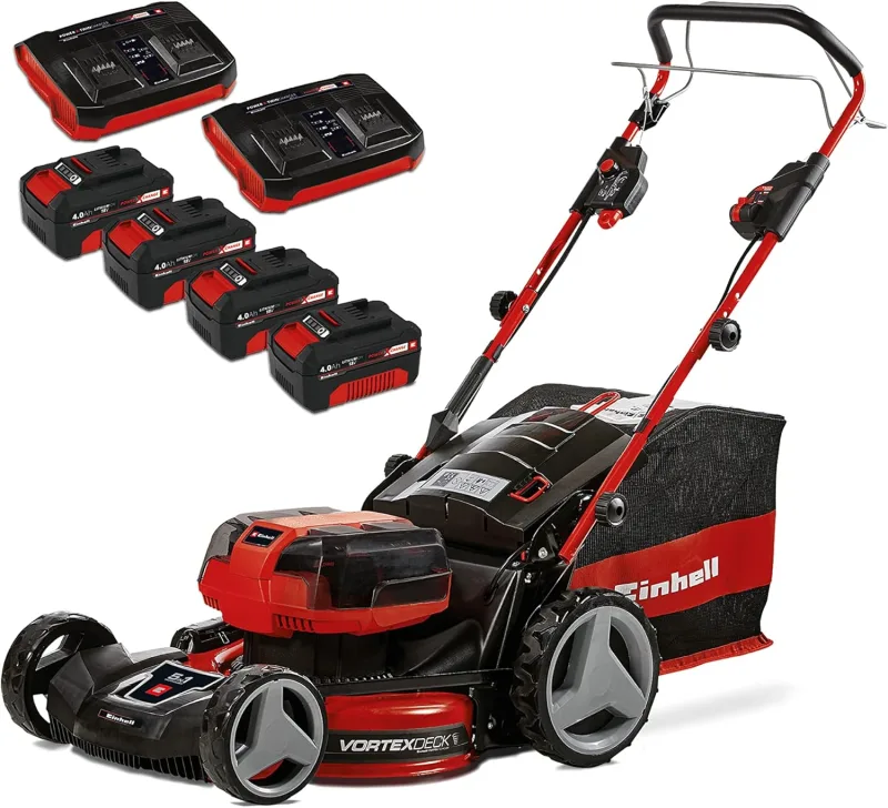 Einhell Battery mower GP-CM 36/47 S HW Li Kit Power X-Change (36 V, 47 cm Cutting Width, 700 m², Self-Propelled, Brushless, Mulching Function, with 4X 4.0 Ah Batteries, 2X Twincharger)