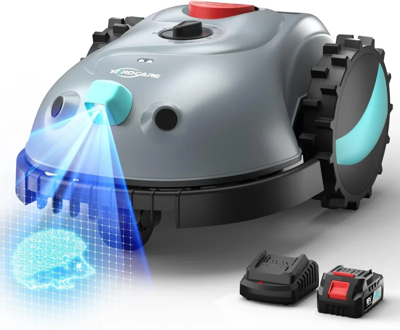 V100 Robot Cortacesped sin Cable Perimetral, con Cámara, Sistema de Evitación de Obstáculos, Navegación Visual, 4 Ah Batería, Cortacésped Robótico con Cuchillas de Repuesto y Corte en Espiral