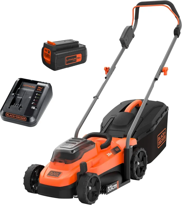BLACK+DECKER BCMW3336L1-QW, Cortacésped a Batería 36 V, Batería Litio de 2.5 Ah, Ancho de Corte 33 cm, Corte en jardines hasta 300m2, Bolsa de almacenaje de 35L