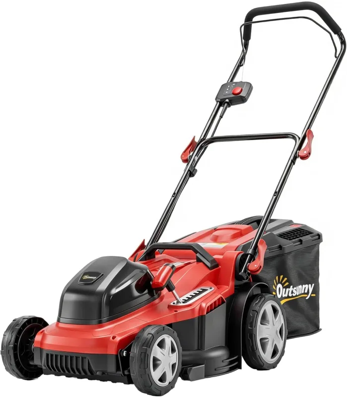 Outsunny Cortacésped eléctrico de 800 W con 40 cm de ancho de corte de 45 l, cesta de recogida, indicador de batería, protección contra sobrecarga, 7 alturas de corte, cortadora eléctrica con asas