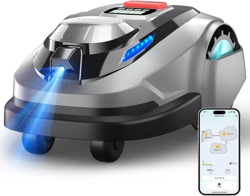 N1600PRO – Robot cortacésped sin Cable perimetral con navegación RTK & Visión IA, para Jardines hasta 1600 m² Corte sistemático en U, gestión multizona, Ajuste de Altura por App