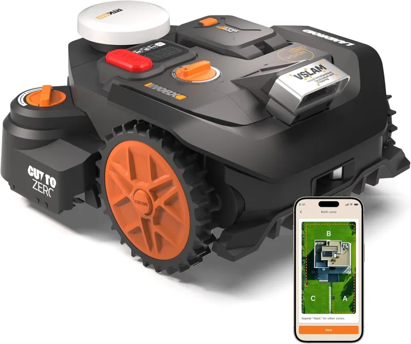 Worx Landroid Vision Cloud WR306E 2WD Robotic Lawn Mower, No Perimeter Cord, Up to 500 m², AI Obstacle Avoidance, VSLAM Navigation + RTK Cloud, Auto Mapping, App Control