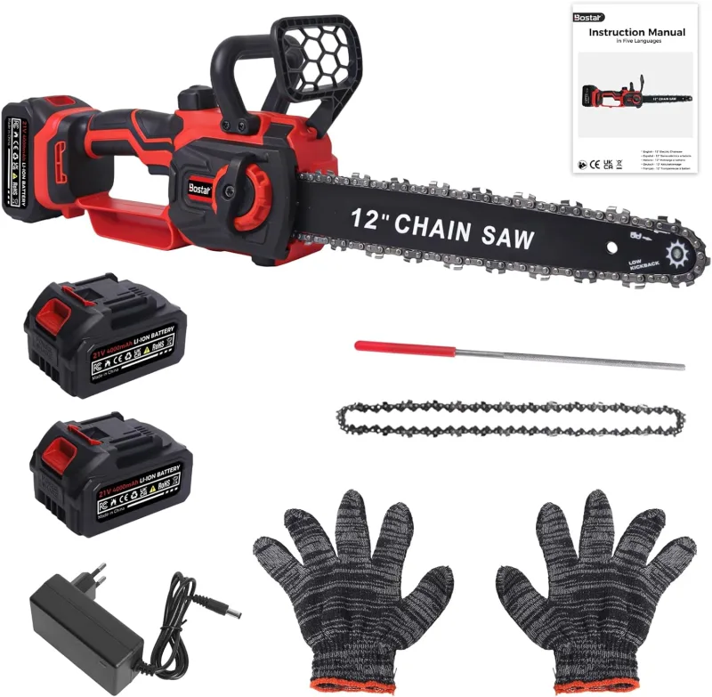 Bostar Battery Chainsaw 12 Inch 1300W Brushless Motor (Brushless), 2 4.0Ah Batteries, Cordless Electric Saw with Automatic Greasing and Fast Tensioning for Pruning, Cutting and Firewood