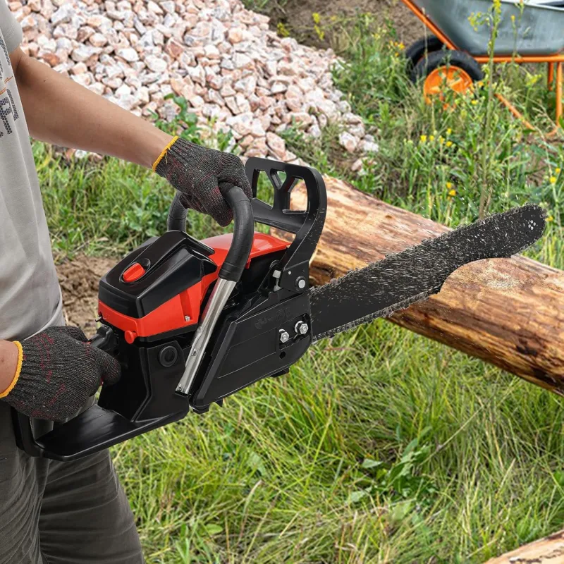 Motosierra de gasolina, motor de 2 tiempos refrigerado por aire, cilindrada de 58 cm³, longitud de cadena de 45,7 cm, velocidad de rotación 2800-11000 rpm, con guantes, para poda de jardín y tala de