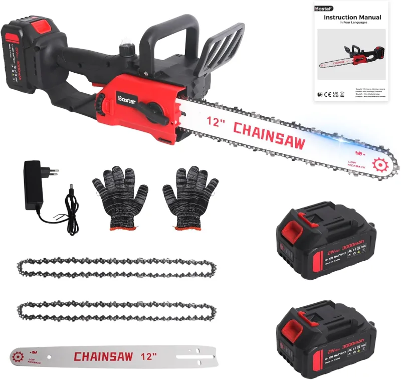 Bostar 12 Inch (30 cm) Battery Chainsaw with Brushless Motor, [2x 3.0Ah Batteries Included] Compatible with Makita 18V Battery, Electric Saw with Automatic Lubrication for Pruning and Firewood