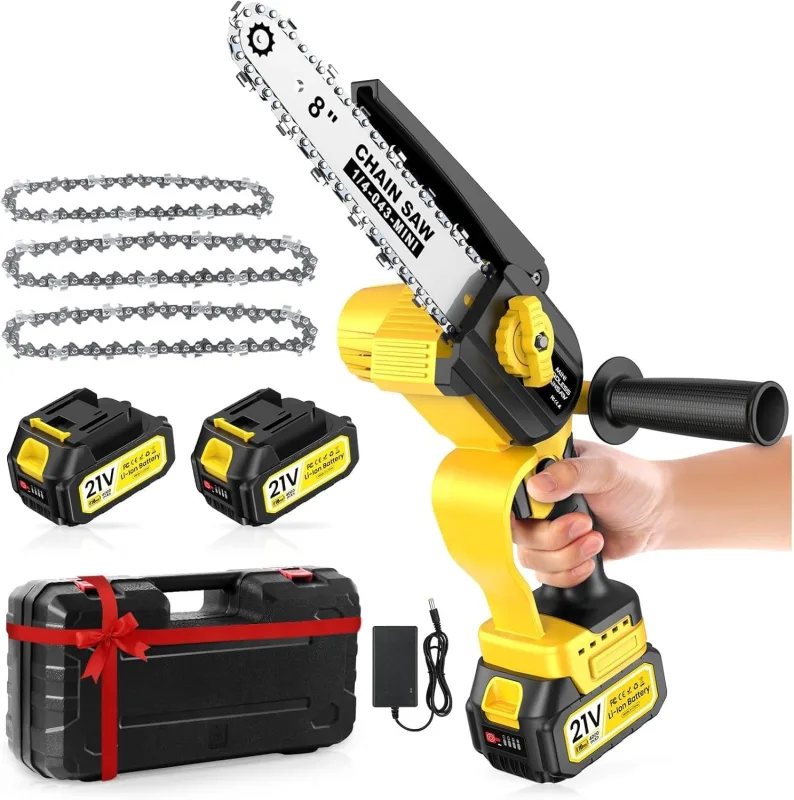 Motosierra a Batería Con 2 Baterías Grandes De 4000 Mah, Mini Motosierra a Batería De 20,32 y 15,24 Cm, Motosierra Inalámbrica Con Boquilla De Aceite y 3 Cadenas Mini Electric Chainsaw