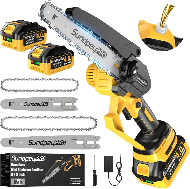 Mini Chainsaw Battery 8 and 6 Inch – 21 V Electric Saw Pruning Trees with 2 x 4000 mAh, Brushless, Automatic Lubricator, Tool-Free Adjustment, Small Hand Chainsaw, Garden