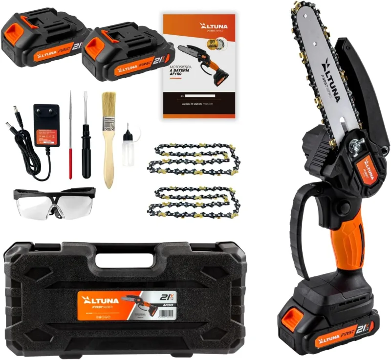 Altuna - Motosierra a Batería 21V con Cadena de Titanio - 800W Potencia - Capacidad de Corte 150mm - Incluye 2 Baterías de Litio - Ligera y Compacta - Maletín y Accesorios Incluidos - AF 150
