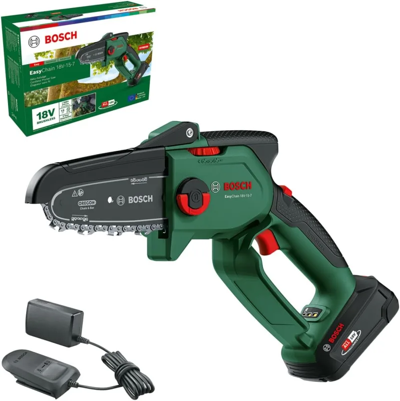 Bosch EasyChain 18V-15-7 Mini Chainsaw (Wood Cutter; 18 Volt System; Chain Speed: 6.9 m/s; with 2.5Ah Battery and Charger)