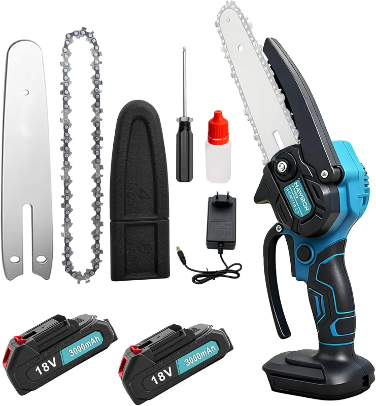 Mini Chainsaw 6 Inch 18V with 2x3000mAh Battery and Charger, Cordless Chainsaw for Tree Trimming, Branch Cutting, Garden Care, Woodworking and Camping