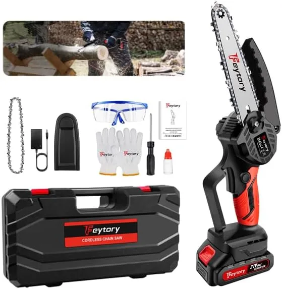 Mini Chainsaw Battery Powered Electric Chainsaw 6 Inch with 1500mAh Battery 2 Chain for Pruning Shears Wood Cutting
