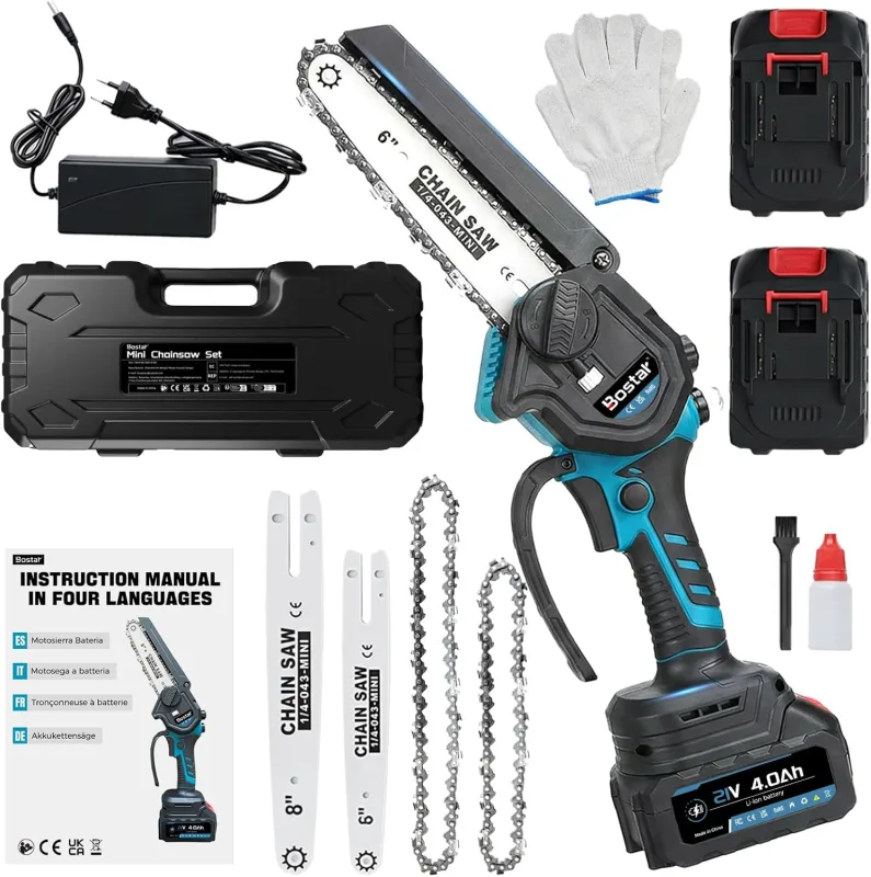 Bostar Mini Chainsaw Battery 6 and 8 Inch (2 in 1), Brushless Motor 1300W, 2 Batteries 4.0Ah (Compatible Makita), Automatic Grease & Tensioning Without Tools, Electric Saw Pruning Garden