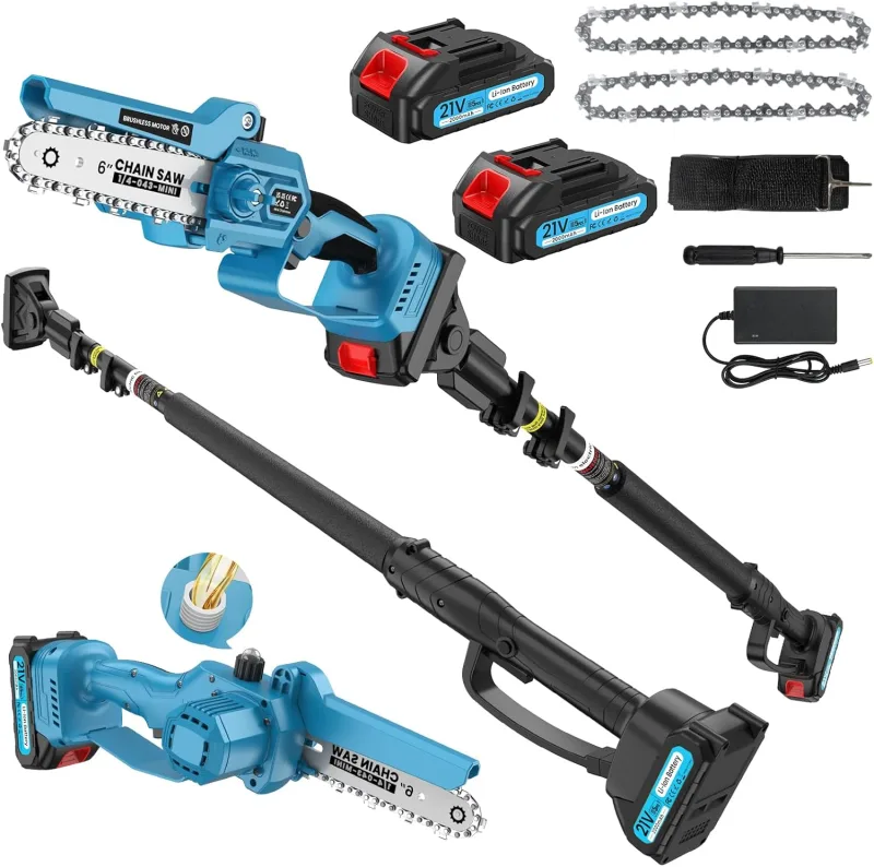 Motosierra Pertiga Electrica, Motosierra Eléctrica, Con Pértiga Telescópica De 2,2 m,Con Motor Sin Escobillas De 1000W, 2 Bateria De 2000 Mah, Adecuada Para Huertos y Jardines