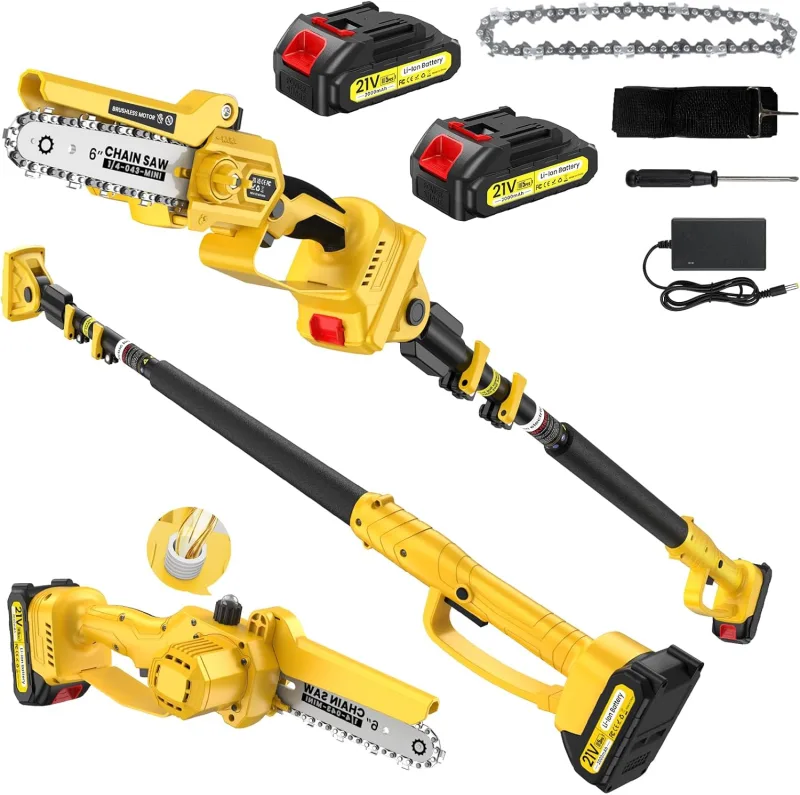 Motosierra Pertiga Electrica, Motosierra Eléctrica, Con Pértiga Telescópica De 2,2 m,Con Motor Sin Escobillas De 1000W, 2 Bateria De 2000 Mah, Adecuada Para Huertos y Jardines