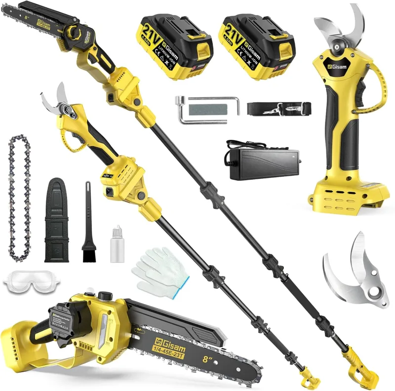 8 Inch Mini Chainsaw with Telescopic Pole and Electric Battery Pruning Shears 4 in 1 Garden Tool Set with 2×4.0Ah Battery, Cordless Motor, Extension Rod