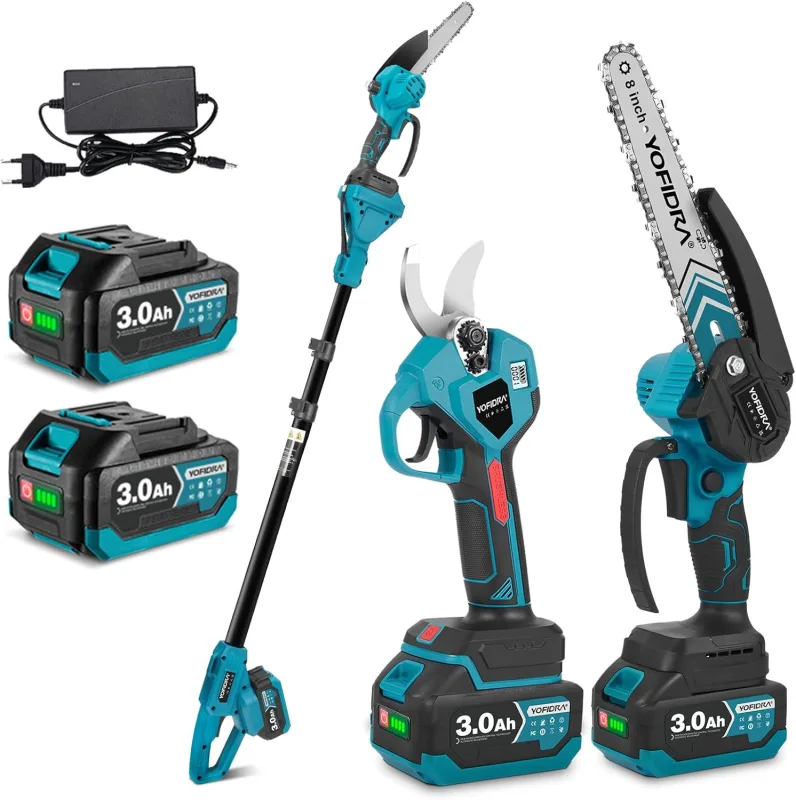 Yofidra Kit de Tijeras de Podar Telescópicas y Motosierra Telescópica a Batería, Podadora de Altura 4 en 1 con 2 x 3,0 Ah Baterías, Motosierra de 8", Podadora de 30 mm, Altura de Trabajo hasta 4,2 m