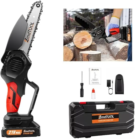 Mini Chainsaw Battery Powered 6 Inch Battery with 1 x 1.5Ah Battery and 2 Chains, 3500 RPM, Battery for Pruning, Pruning Shears, Wood Cutting, Orange