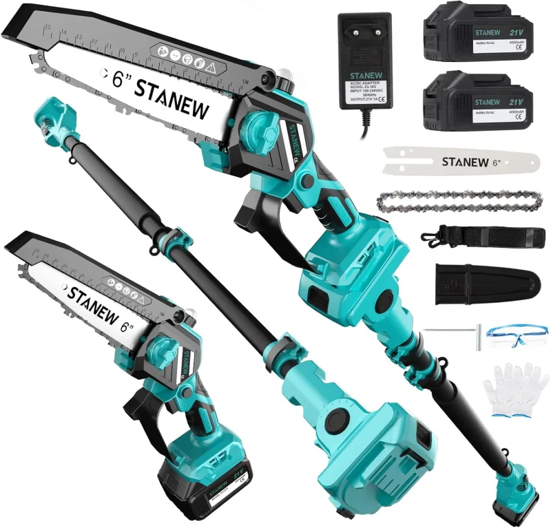 Stanew Mini Telescopic Chainsaw 6 Inches, Chainsaw Battery with 2 x 4000 mAh Batteries, Electric Saw Pruning Trees, Range up to 4.5 m, Multi-Angle Adjustment of 0-120°, LCD Display