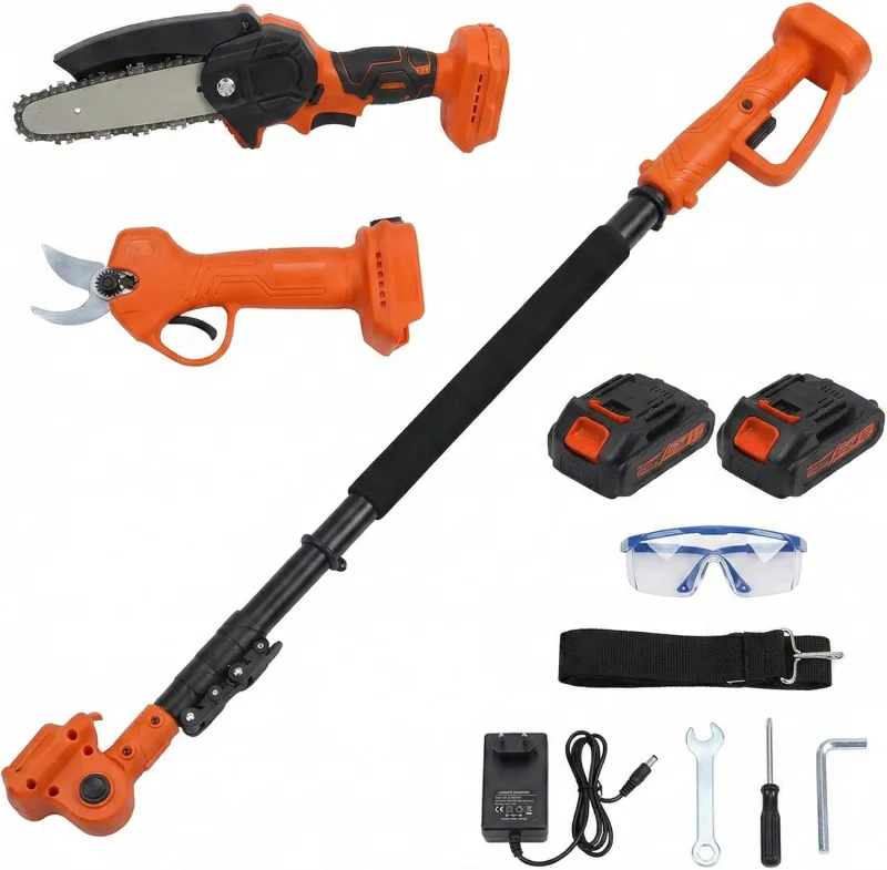 Kit de Poda a Batería con Motosierra, Tijeras Eléctricas y Pértiga Telescópica de 263cm, Incluye 2 Baterías, Cargador y Gafas, para Poda en Altura