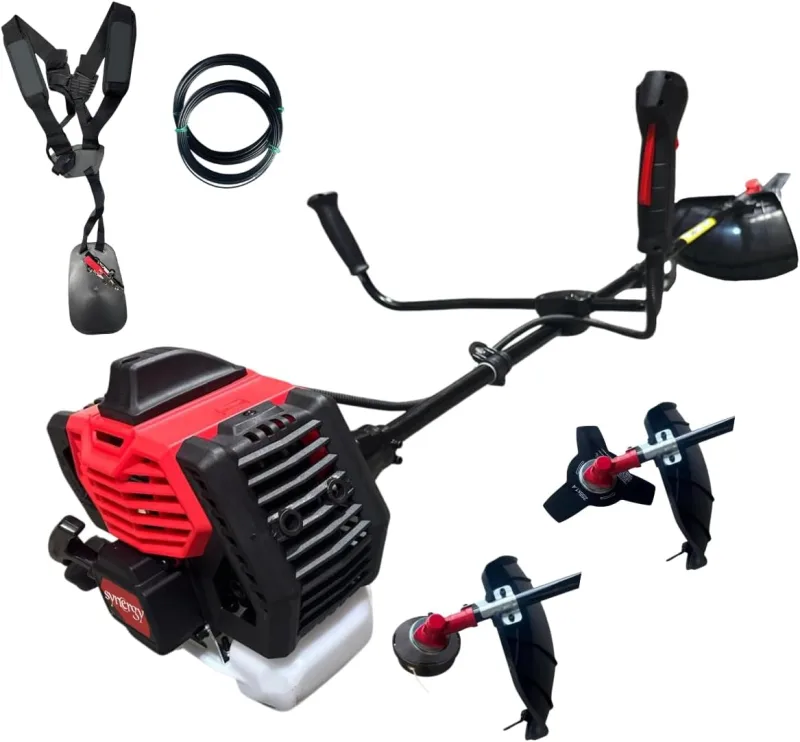 Synergy Desbrozadora Gasolina 2 en1-65cc 4,9cv Motor 2 Tiempos- Disco de 3 Puntas, Cabezal de Hilo Automático, Arnés y 20m de Hilo