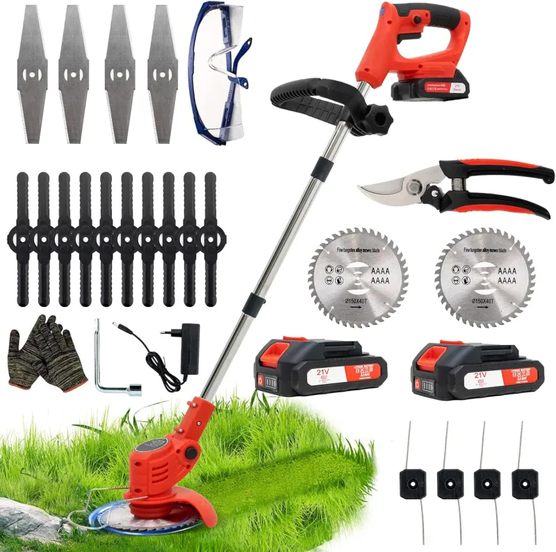 Cortacésped de batería inalámbrico, on 4 Tipos de Accesorios de Corte, 2 baterías de 21V, Plegable y Regulable, jardín y terraza.