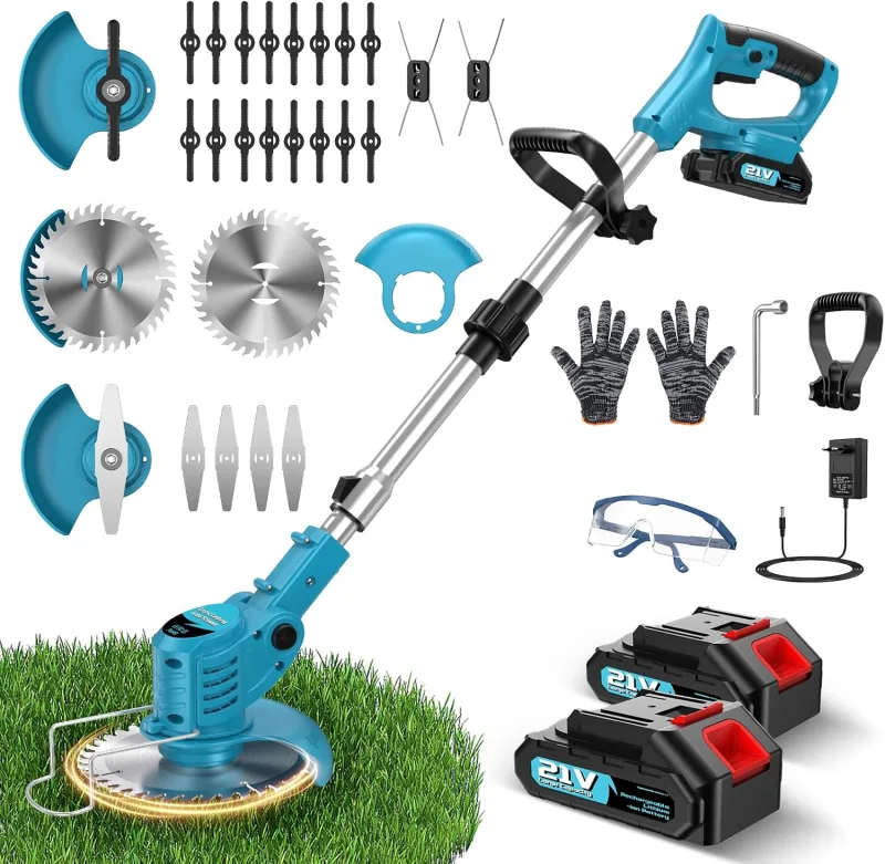 Battery Brushcutter, Electric Brushcutter 500 W, 2 Batteries 2000 mAh 21V, 4 Types of Blades, Adjustable Tube Handle, 90° Rotating Head for Easy Fast Trimming Grass Shrubs