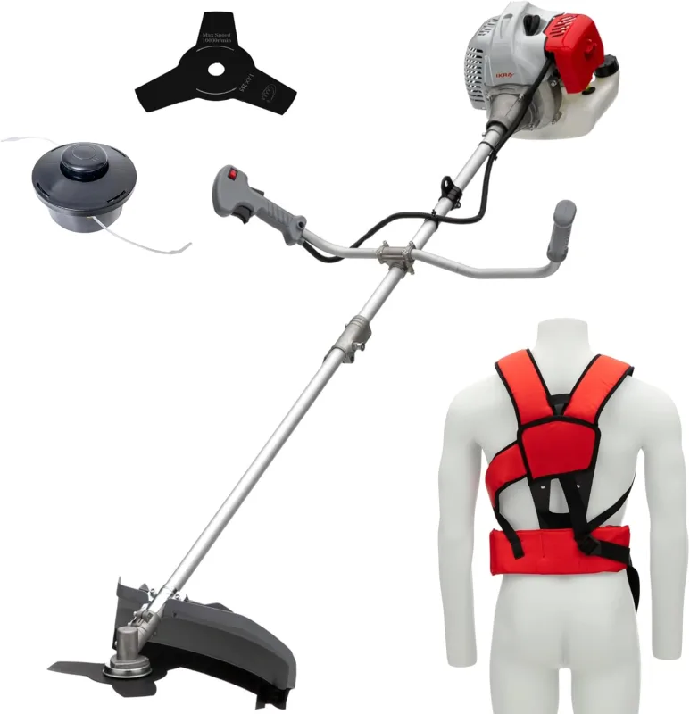 IKRA IBF 4342 petrol brush cutter with thread spool, 3-tooth blade and comfortable shoulder strap