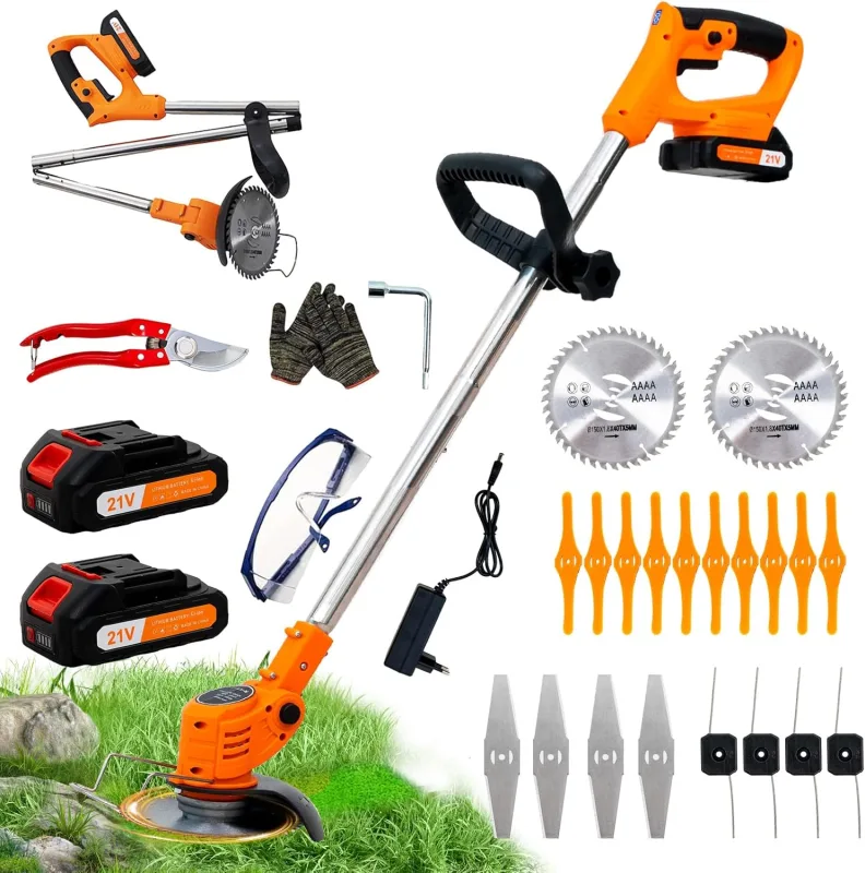 Desbrozadora a batería, desbrozadora eléctrica a batería, Equipada con 2 baterías y 4 Cuchillas, cortacésped Plegable de 800 W, Adecuado para Cortar el césped de Jardines y arbustos