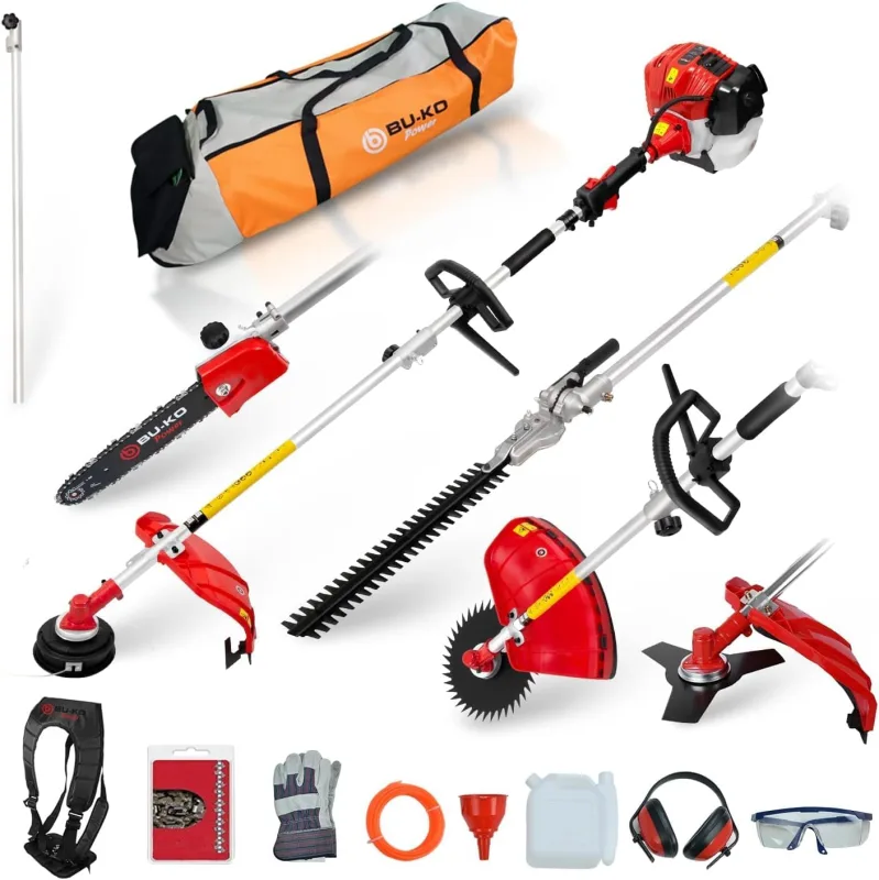BU-KO Multifunctional Garden Tool Petrol 52 CC Brushcutter, Hedge Trimmer, Chainsaw Pruner, Brushcutter with 75 cm Extension Line, Tool Bag