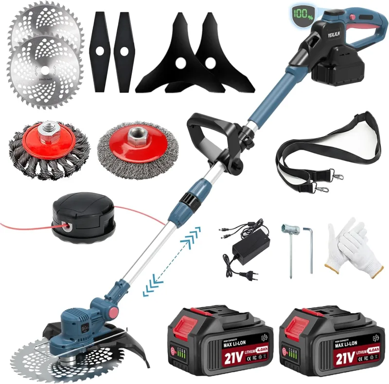 Desbrozadora Batería 21V, Desbrozadora Electrica 5 En 1, Cortabordes Bateria con 2 Baterías 4,0Ah y Cepillo de Malas Hierbas, Motor Sin Escobillas para Césped Jardín Poda
