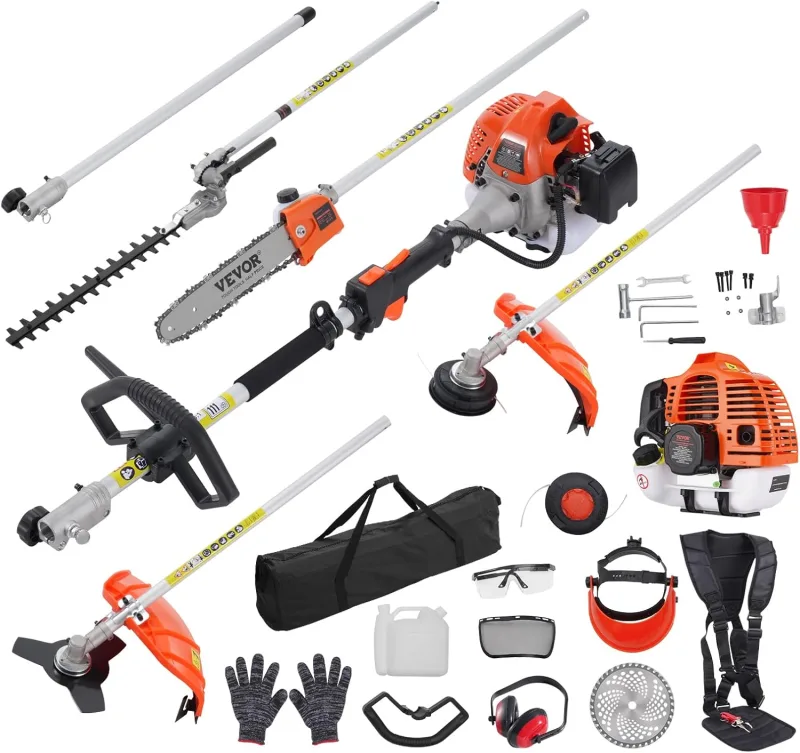 VEVOR 6 in 1 Multifunctional Cutting Tools, 43cc Gas Hedge Trimmer, Weeder, Edger, Two Stroke Engine, Pole Saw, Chainsaw with Extension Pole, PO Tools