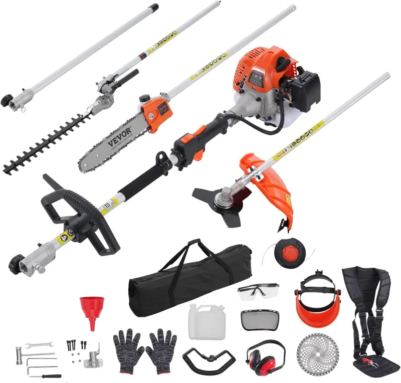 VEVOR 6 in 1 Multifunctional Cutting Tools, 52cc Gas Hedge Trimmer, Weeder, Edger, Two Stroke Engine, Pole Saw, Chainsaw with Extension Pole, PO Tools