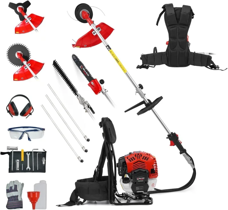 BU-KO 52cc Petrol Multi-Function Garden Tool with Backpack and Long Reach: Petrol Strimmer and Trimmer, Telescopic Hedge Trimmer, Saw Trimmer, Weed Trimmer by Esse